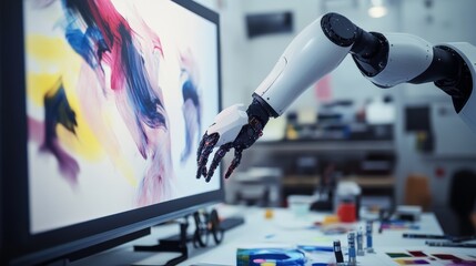 Poster - A robotic artist creating a piece of digital art in a modern creative studio, clean and vibrant workspace, Creative style