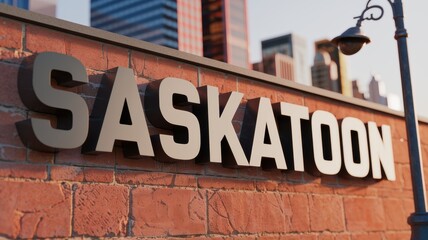 Canvas Print - Urban Wall Signage: 'Saskatoon' 3D letters on a brick wall with city skyline backdrop, ideal for travel and urban exploration visuals.