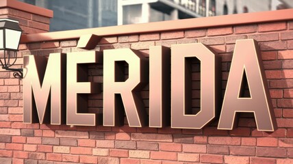 Poster - Modern Signage: A stylish, raised 'MÉRIDA' sign against a brick wall, perfect for tourism marketing or city branding.