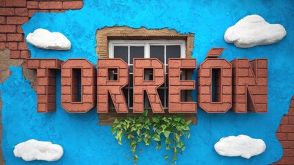 Sticker - Vibrant Street Art Display: 'TORREÓN' in Bold Brick Letters against a Blue Wall with Cloud Motifs