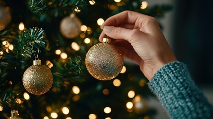 A hand carefully hangs a glittering gold ornament on a Christmas tree, surrounded by warm, glowing lights.