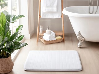 Luxurious memory foam rectangular bath mat in light grey, cozy bathroom setting with towels