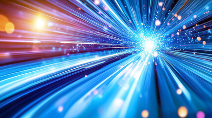 Poster - Colorful light trails depict the rapid movement of data in a futuristic digital landscape