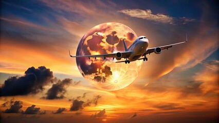 Wall Mural - aerial view of colorful sunset sky with full moon