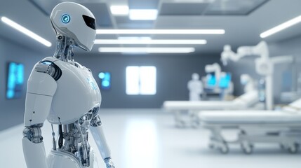 Poster - A robotic assistant performing maintenance in a sleek, futuristic hospital room, clean and high-tech medical environment