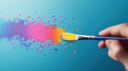 Poster - A close up shot of a hand holding a paintbrush, adding a splash of color to a vibrant illustration on a canvas in a creative office setting.