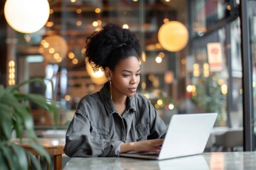 Canvas Print - Woman working on a laptop computer cafe concentration.