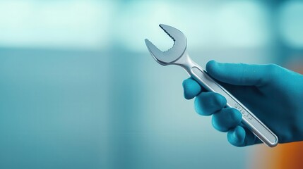 Construction worker tightening a bolt with a spanner, mechanical tools in action, focus on tool