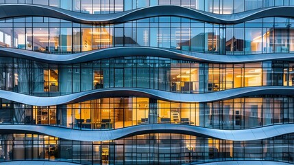 Poster - Modern office building with a wave-patterned glass facade