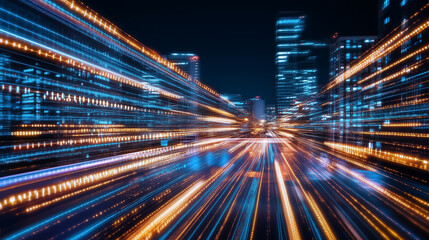 Poster - Bright light trails weave through a city at night, symbolizing fast data transfer in a modern urban environment