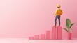 © Nopadon - A 3D figure stands on ascending blocks against a pink backdrop, symbolizing growth and progress, with a plant nearby adding a touch of nature.