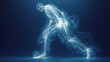 © tong2530 - X-ray illustration of a man walking with hip pain on a blue background.