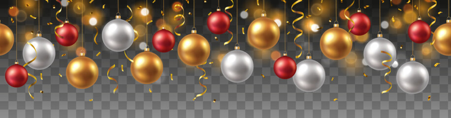 Wall Mural - vector christmas decoration seamless pattern design with gold, silver and red baubles and streamers 
