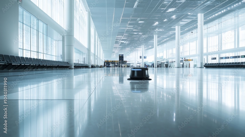A robotic cleaner working in an expansive, modern airport terminal with ...
