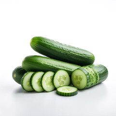 Wall Mural - cucumber whole and sliced scattered around background concept isolated white