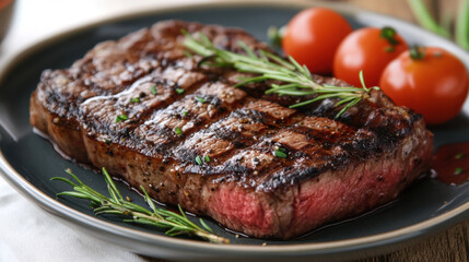 grilled steak on plate garnished with fresh rosemary and accompanied by cherry tomatoes creates mouthwatering presentation. rich colors and textures evoke sense of indulgence and culinary delight