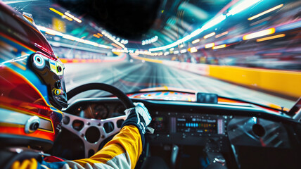 Point of view shot inside with a stock car driver racing down the speedway of a professional motor sports race