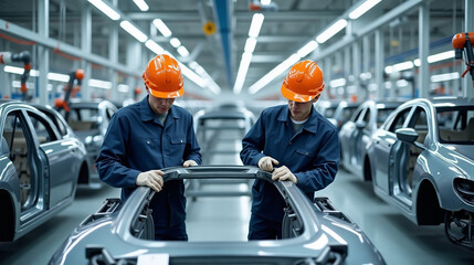 Two automobile factory employees wearing safety helmets and uniforms supervise the assembly of car parts