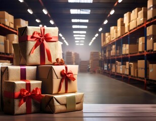 warehouse filled with holiday gifts packages, wallpaper, representing the peak season in logistics a