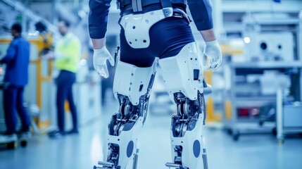Poster - a robotic exoskeleton assisting a worker in a high-tech manufacturing plant, clean and futuristic en