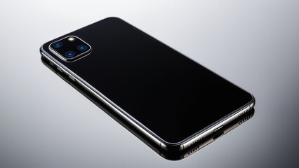 A sleek black smartphone lies on a reflective surface, showcasing its glossy screen and side buttons. The device is modern and elegant.