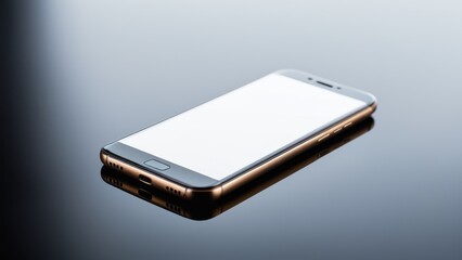 A sleek black smartphone lies on a reflective surface, showcasing its glossy screen and side buttons. The device is modern and elegant.