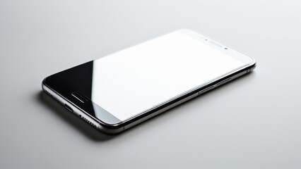 A sleek black smartphone lies on a reflective surface, showcasing its glossy screen and side buttons. The device is modern and elegant.