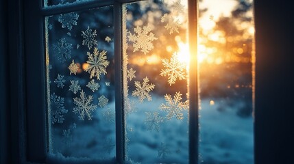 Sticker - Frosty Window with Beautiful Snowflake Patterns