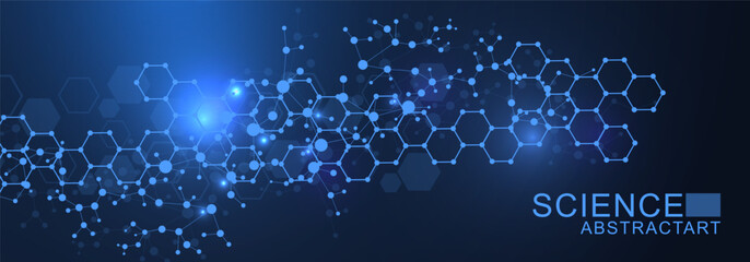 Poster - Modern scientific background with hexagons, lines and dots. Wave flow abstract background. Molecular structure for medical, technology, chemistry, science. Vector illustration