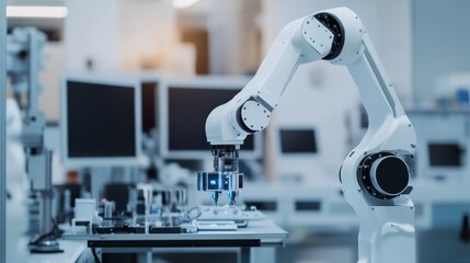 Aufkleber - A robotic system assembling smart home devices in a clean, high-tech smart home lab, modern and organized environment with a focus on home automation technology