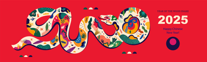 Wall Mural - Happy New Year 2025. Holiday card with symbol of 2025 year the Wood Snake. Happy Chinese New Year.