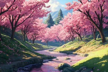 Canvas Print - a painting of a river surrounded by pink trees