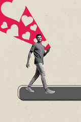 Poster - Composite trend artwork 3D image photo collage of monochrome copyspace young man walk step hand hold smartphone blogger like popular heart