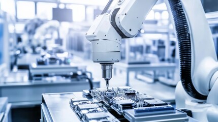 Aufkleber - A robotic system conducting high-precision assembly of electronic components in a clean electronics factory, modern and meticulous environment with a focus on electronics manufacturing