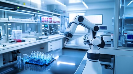 Poster - A robotic system conducting high-precision medical research in a clean laboratory, modern and advanced environment with a focus on biomedical technology, Biomedical style