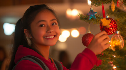 Smiling Asian girl decorating Christmas tree, festive joy and holiday cheer in cozy home. Child, ornament and happiness, family celebration for seasonal tradition