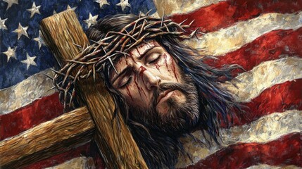 Unity in Faith, the cross of Jesus intertwines with the American flag, illustrating the deep connection between Christianity and patriotism in American culture.