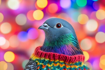 A colorful wild bird in a festive sweater stands out against vibrant winter holiday lights