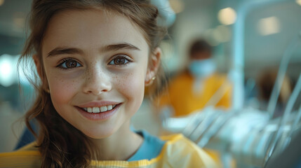 Young girl is smiling while sitting in a dentist chair at a dental clinic