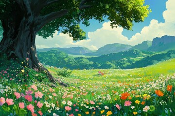 Wall Mural - a painting of a tree in a field of flowers