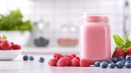 Colorful fresh smoothie ingredients are displayed on a kitchen counter, ready for blending into a nutritious drink