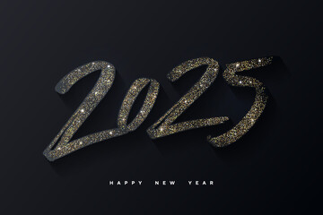 Aufkleber - Happy New Year modern design with 2025 logo made of glittering gold numbers on night sky background. Minimalistic trendy background for branding, banner, cover, card