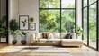 © G.Go - A large living room with a white couch, a coffee table, and a potted plant