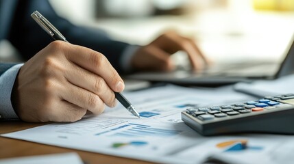 Poster - Person reviewing financial documents at a desk, focusing on company accounting and budget management