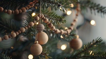 wooden ornaments and garlands on a christmas tree, soft lighting in the background. eco-friendly hol