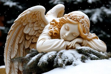 Poster - Angel statue in a snowy graveyard, with a light dusting of snow on its wings and tombstones blanketed in white, creating a silent, winter scene