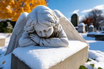 Poster - Angel statue in a snowy graveyard, with a light dusting of snow on its wings and tombstones blanketed in white, creating a silent, winter scene