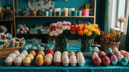 A colorful display of decorative eggs, flowers, and craft supplies on a vibrant table, perfect for Easter celebrations and creative activities.