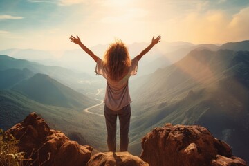 Poster - Happy woman mountain standing portrait.