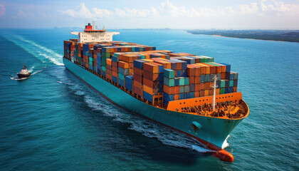 large container ship carrying cargo is sailing through ocean, showcasing vibrant containers stacked high. scene captures essence of maritime trade and transportation